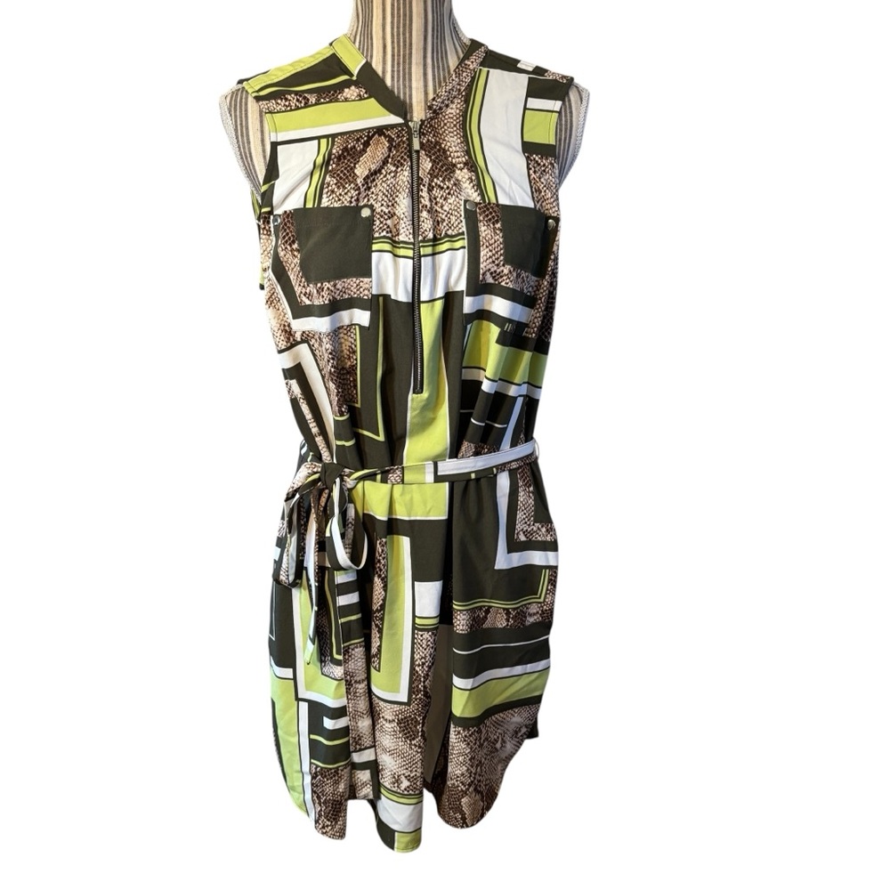 New York & Company Dress XL Green Brown Geometric Snake Animal Print Mini Retro